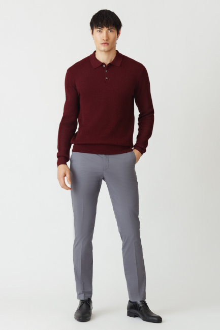 Erkek Slim Fit Polo Yaka Triko Bordo - Bisse